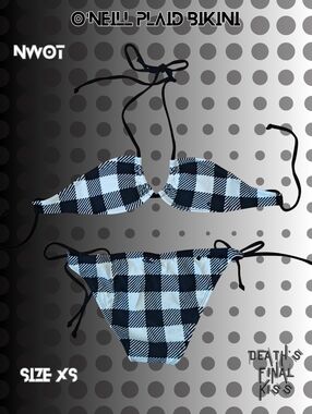 O'Neill Black White Buffalo Plaid String Skimpy Studded Cheeky Bikini XS/S Punk